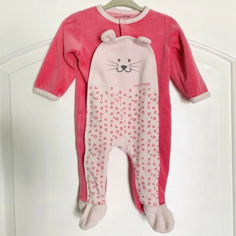 SUCRE D'ORGE Velour Boutique Baby Girl Sleeper One-Piece Outfit Pink 6 Months